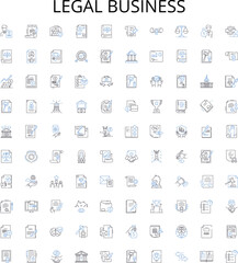 Legal business outline icons collection. Law, Business, Legal, Corporate, Contract, Litigation, Agreement vector illustration set. Compliance, Regulations, Statutes linear signs