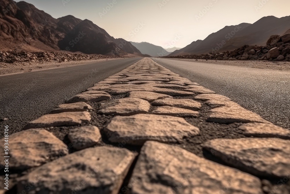 Wall mural deserted stone road stretching across a barren desert landscape. Generative AI