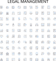 Legal management outline icons collection. Law, Management, Litigation, Compliance, Risk, Dispute, Regulations vector illustration set. Solicitors, Hearings, Contracts linear signs