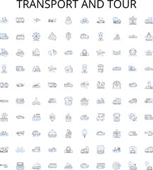 Transport and tour outline icons collection. Transport, Tour, Travel, Bus, Taxi, Car, Rail vector illustration set. Flight,Airline,Cruise linear signs