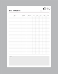 (sea and Sean) Bill Tracker Planner. Finical overview. Business organizer page. Paper sheet. Realistic vector illustration.