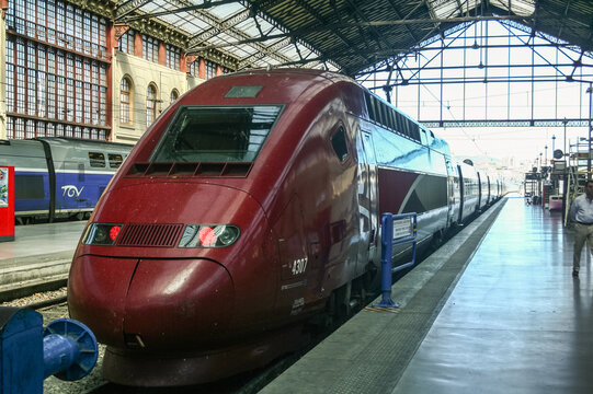 MARSEILLE, FRANCE - AUGUST 27, 2011: Thalys High Speed train ready for departure to the Netherlands. Thalys is the brand of fast trains between France, Germany, Netherlands and Belgium