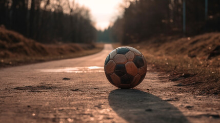 Fototapeta na wymiar football ball on the road Generative AI