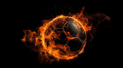 Plakat Futuristic soccer ball, The ball soars with a magical orange flame effect against a black background Generative AI