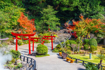 Beppu, Japan - Nov 25 2022: Umi Jigoku hot spring in Beppu, Oita. The town is famous for its onsen (hot springs). It has eight major geothermal hot spots, referred to as the "eight hells of Beppu"