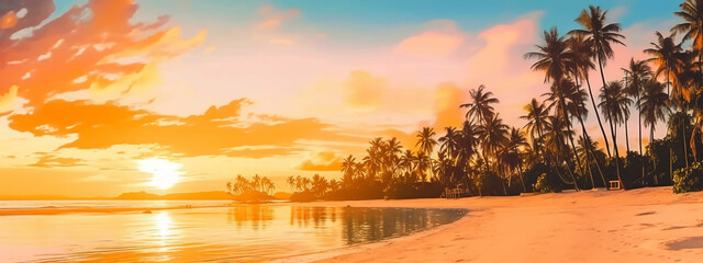 Island palm tree sea sand beach. Panoramic beach landscape. Orange and golden sunset sky calmness tranquil relaxing summer mood. Vacation travel holiday banner. 