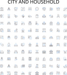 City and household outline icons collection. City, Household, Urban, Dwelling, Town, Home, Residence vector illustration set. Abode, Domicile, Village linear signs
