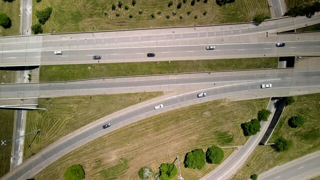 Aerial view of Interstate highway intersection, shot at the intersection of highway 375 and highway 75 in Detroit.