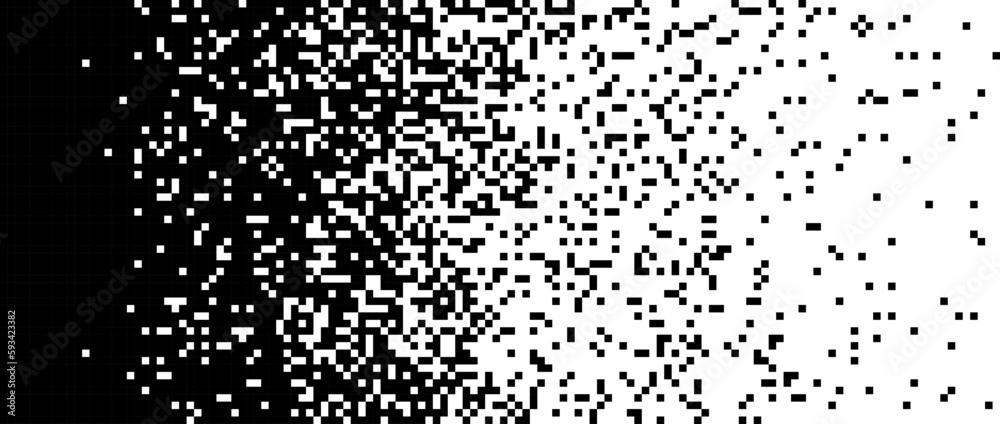 Poster pixelated halftone gradient background. fading pixel texture. dissolving black and white wallpaper. 