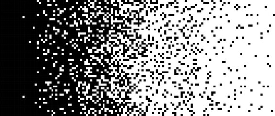 Pixelated halftone gradient background. Fading pixel texture. Dissolving black and white wallpaper. Vector backdrop 