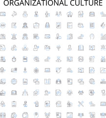 Organizational culture outline icons collection. Organizational, Culture, Values, Norms, Behaviors, Attitudes, Practices vector illustration set. Beliefs, Goals, Communication linear signs