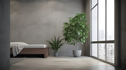 A room with a bed and a plant in it, Modern living room.