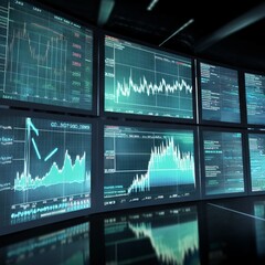 Futuristic screens showing charts