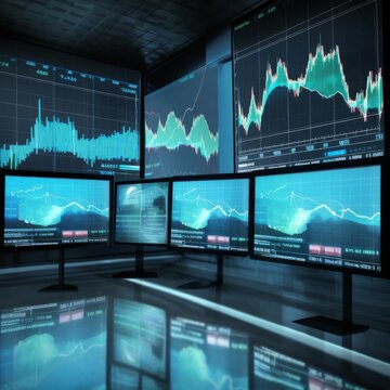Futuristic screens showing charts