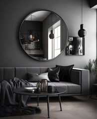 A living room filled with round mirror and. Black Couch