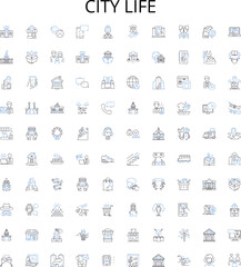 City life outline icons collection. Urban, Metropolis, Bustling, Cosmopolitan, Commuting, Vibrant, Multicultural vector illustration set. Dynamic, Exciting, Thrilling linear signs