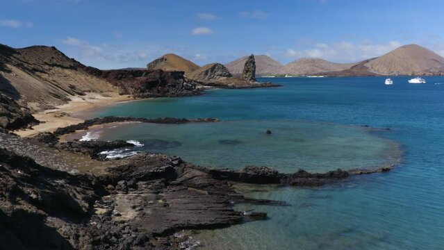 Galapagos Bartolome Island. Islas Galapagos Islands iconic nature travel landscape. Sullivan bay, east coast of Santiago island. From hiking trail to summit