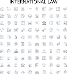 International law outline icons collection. International, law, treaties, sovereignty, nationality, jurisdiction, boundaries vector illustration set. trade, maritime, arbitration linear signs