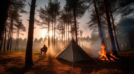 Glamping. Tent in a coniferous forest, near a campfire. Hiking, sunny rays and forest. Generative AI