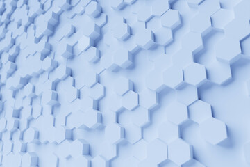 3d illustration of a  blue  honeycomb monochrome honeycomb for honey. Pattern of simple geometric hexagonal shapes, mosaic background.
