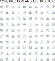 Construction and architecture outline icons collection. Building, Construction, Architecture, Design, Structures, Engineering, Manufacture vector illustration set. Renovation, Supplies, Drafting