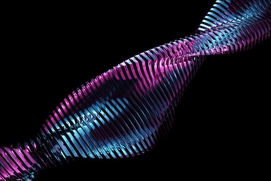 3d illustration of a stereo strip of different colors. Geometric stripes similar to waves. Simplified pink and blue  dna line on  black isolated background - Powered by Adobe
