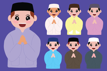 Set of islamic kids various gesture emoticon face.muslim kids character illustration. eid fitr cartoon