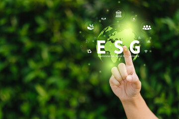 Businesswomen Touch world to Organization Sustainable development environmental. Sustainable business or green company Concept. business responsible environmental,