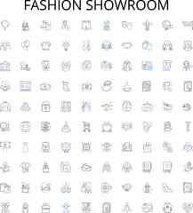 Fashion showroom outline icons collection. Fashion, Showroom, Clothing, Garment, Boutique, Retail, Store vector illustration set. Apparel, Jeans, Skirt linear signs