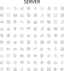 Server outline icons collection. Server, Hosting, Servers, Web-Server, Database, DNS, Virtual vector illustration set. Rack, Cloud, Linux linear signs