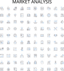 Market analysis outline icons collection. Market, Analysis, Research, Study, Trends, Strategy, Data vector illustration set. Competition, Products, Segmentation linear signs