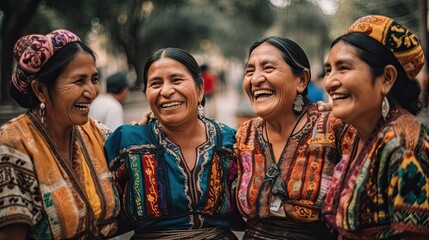 Group of laughing Latin-American indigenous mature women. Generative AI