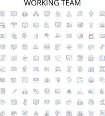 Working team outline icons collection. Collaborative, Unit, Cooperative, Productive, Efficient, Effective, Unified vector illustration set. Group, Members, Professional linear signs