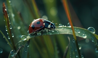  a ladybug sitting on a blade of grass covered in water droplets.  generative ai
