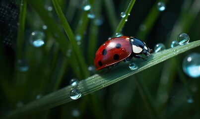 Obraz premium a ladybug sitting on a blade of grass covered in water droplets. generative ai
