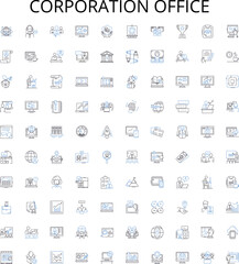 Corporation office outline icons collection. Corporate, Office, Building, Headquarters, Complex, Suite, Headquarters vector illustration set. Facility, Workplace, Centre linear signs