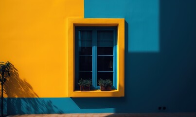  a yellow and blue wall with a window and potted plants.  generative ai