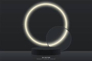 Minimal scene banner for product mockup. realistic black 3d cylinder podium pedestal stage with glowing neon ring shape and transparent glass shape. design for product display. stage for showcase.