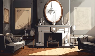  a drawing of a living room with a fireplace and a mirror.  generative ai