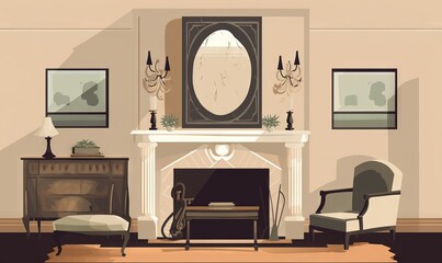  a living room with a fireplace and a mirror on the wall.  generative ai