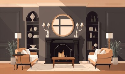  a living room filled with furniture and a fire place under a round mirror.  generative ai