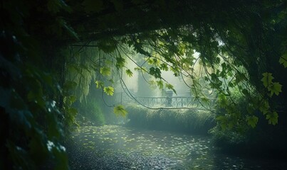  a bridge over a river surrounded by trees and water lilies.  generative ai