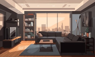  a living room with a couch, coffee table and a television.  generative ai