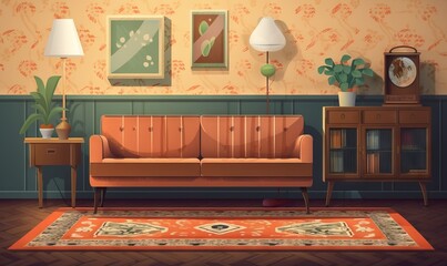  a living room with a couch, table, lamp and a rug.  generative ai