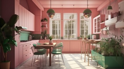 Sweet and modern equipped kitchen with big chandeliers and big windows