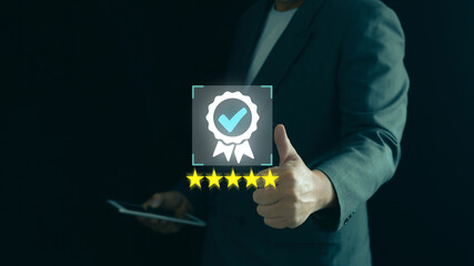 Businessman's hand showing a sign of top service Quality assurance cooperation investment Product and Service Standards, ISO Certificates Satisfaction Service standardization Concept.