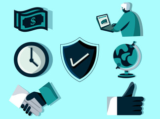 computer security. The icons are designed in a simple and minimalist style and represent various concepts related to graphic design and security