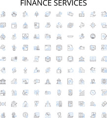 Finance services outline icons collection. Banking, Investing, Insurance, Funds, Credit, Loans, Accounting vector illustration set. Brokerage, Taxation, Budgeting linear signs