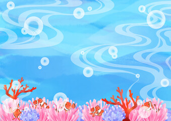 Fototapeta na wymiar カクレクマノミがいる海中風景／Illustration of an underwater landscape with clownfish