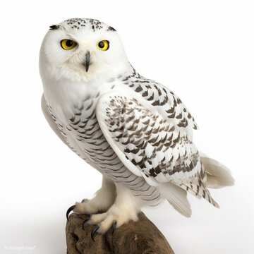 White owl portrait, photo studio on white background, generative ai